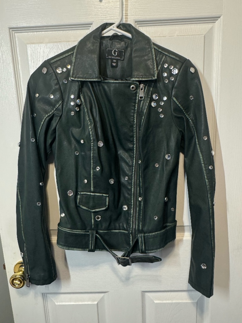 G by Giuliana Green Rhinestone Faux Leather Moto Jacket XXS